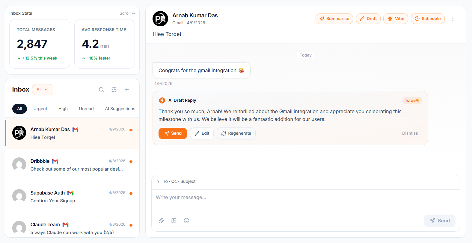 TorqeAI inbox interface with message list, AI draft, and smart actions