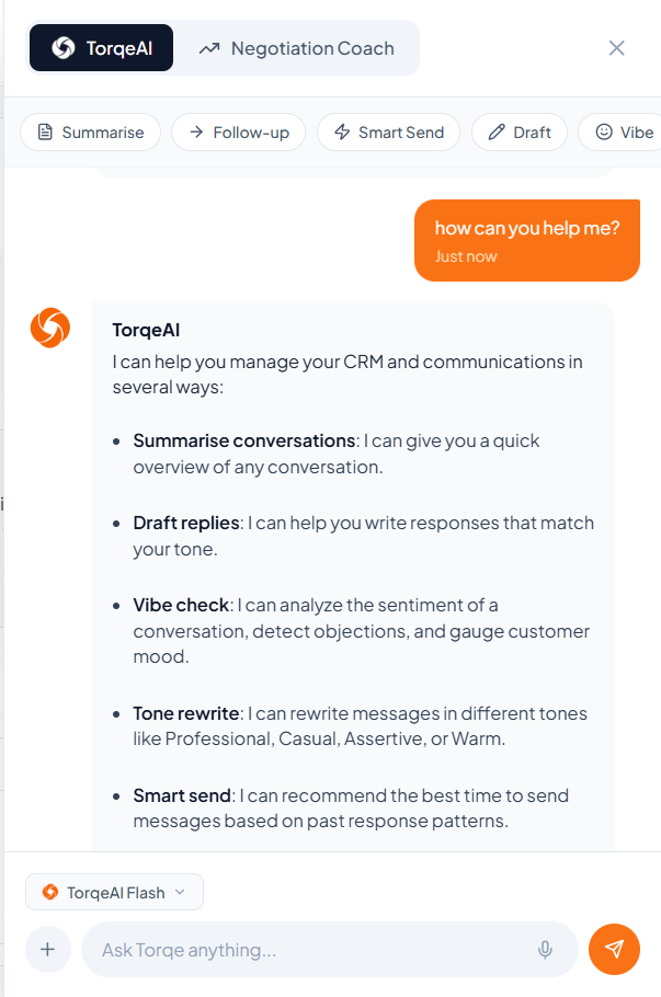 TorqeAI chatbot panel with reply and quick action controls